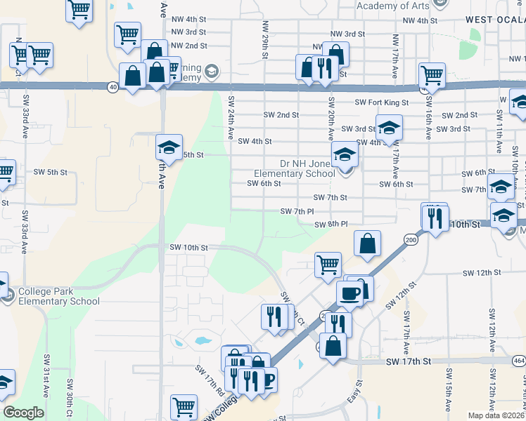 map of restaurants, bars, coffee shops, grocery stores, and more near 2320 Southwest 7th Place in Ocala