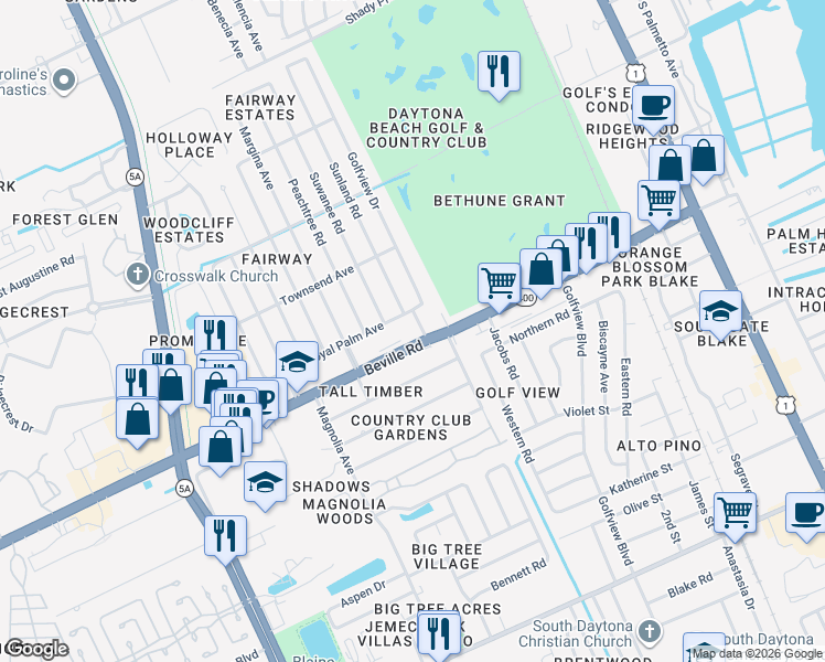 map of restaurants, bars, coffee shops, grocery stores, and more near 1508 Manor Drive in Daytona Beach