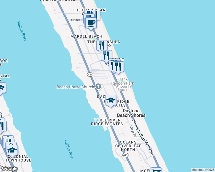 map of restaurants, bars, coffee shops, grocery stores, and more near 114 Richards Lane in Daytona Beach