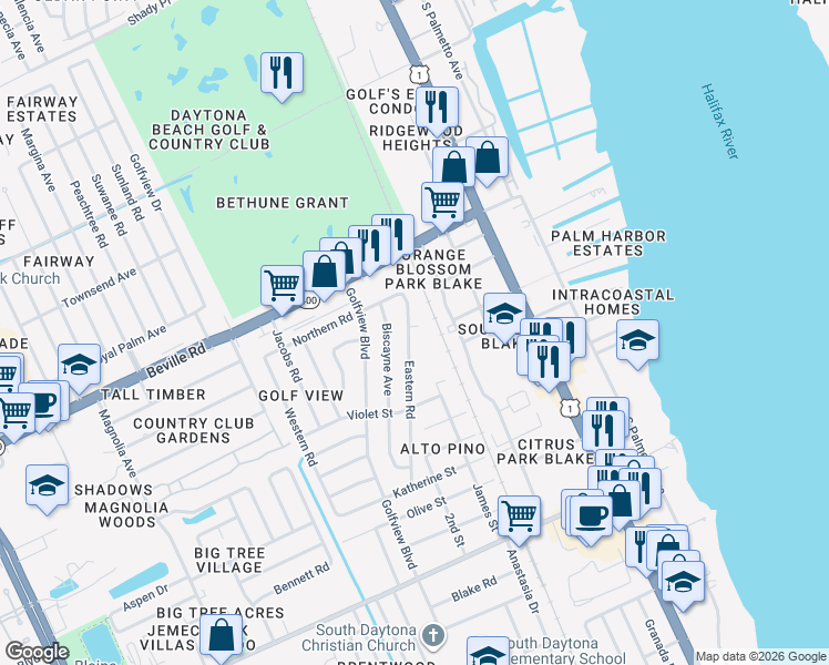 map of restaurants, bars, coffee shops, grocery stores, and more near 1693 Eastern Road in South Daytona
