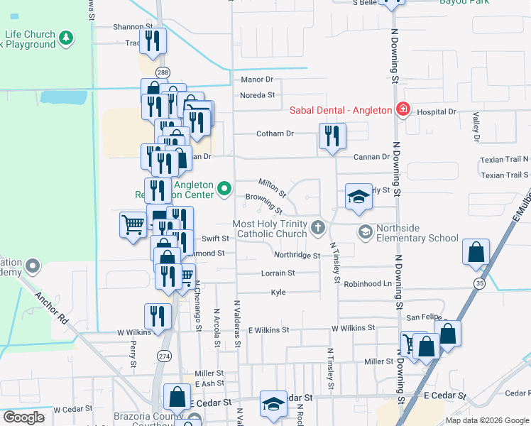 map of restaurants, bars, coffee shops, grocery stores, and more near 6 Oak Place in Angleton