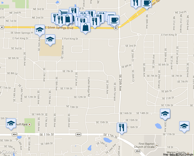 map of restaurants, bars, coffee shops, grocery stores, and more near 2245 Southeast 8th Street in Ocala