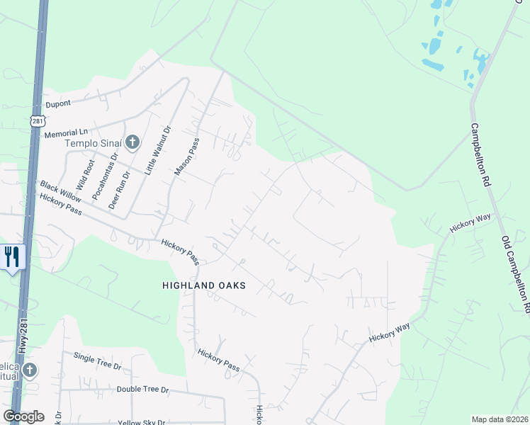 map of restaurants, bars, coffee shops, grocery stores, and more near 23006 Kendall Way in San Antonio