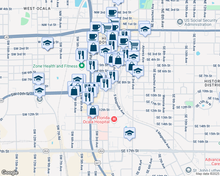 map of restaurants, bars, coffee shops, grocery stores, and more near 15 Southwest 10th Street in Ocala