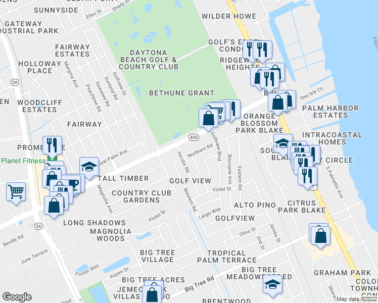map of restaurants, bars, coffee shops, grocery stores, and more near 1639 Caldwell Road in South Daytona
