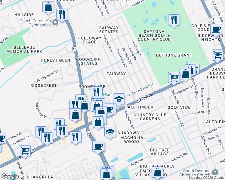 map of restaurants, bars, coffee shops, grocery stores, and more near 1408 Edgewater Road in Daytona Beach