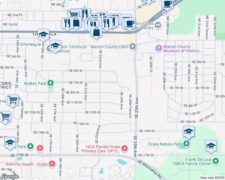 map of restaurants, bars, coffee shops, grocery stores, and more near 2245 Southeast 8th Street in Ocala