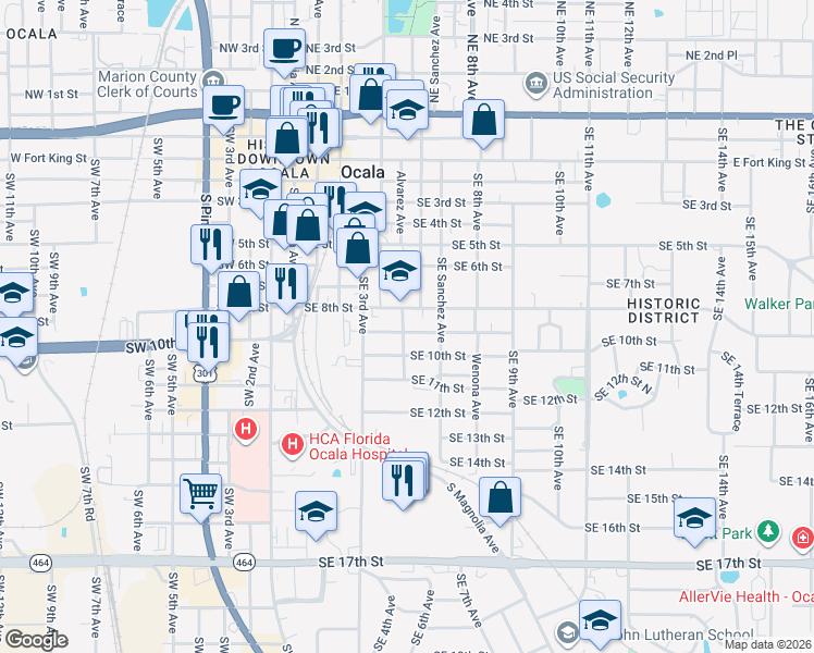 map of restaurants, bars, coffee shops, grocery stores, and more near 505 Southeast 9th Street in Ocala