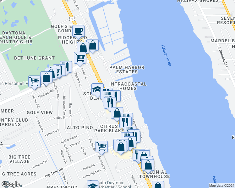 map of restaurants, bars, coffee shops, grocery stores, and more near 1750 South Palmetto Avenue in South Daytona
