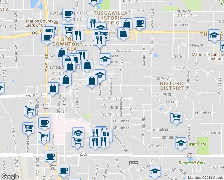 map of restaurants, bars, coffee shops, grocery stores, and more near 825 Southeast Sanchez Avenue in Ocala