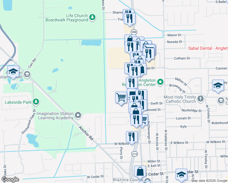 map of restaurants, bars, coffee shops, grocery stores, and more near 121 Clements Street in Angleton