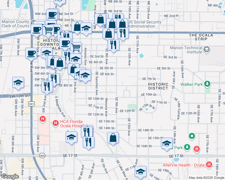 map of restaurants, bars, coffee shops, grocery stores, and more near 811 Southeast 9th Street in Ocala