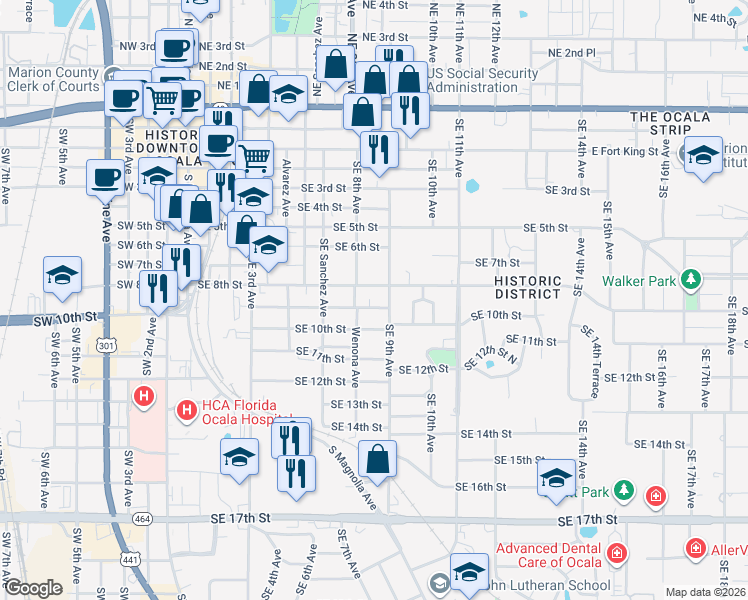 map of restaurants, bars, coffee shops, grocery stores, and more near 811 Southeast 9th Street in Ocala