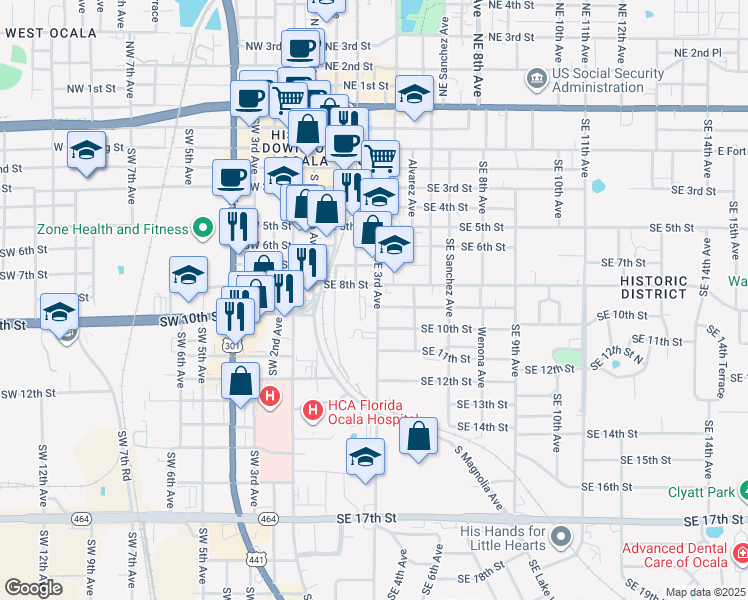 map of restaurants, bars, coffee shops, grocery stores, and more near 907 Southeast 3rd Avenue in Ocala