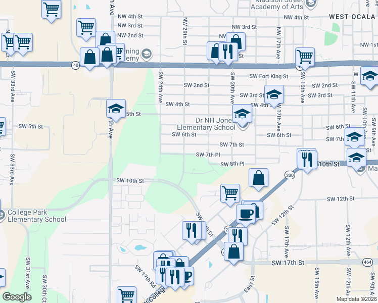 map of restaurants, bars, coffee shops, grocery stores, and more near 2320 Southwest 7th Place in Ocala