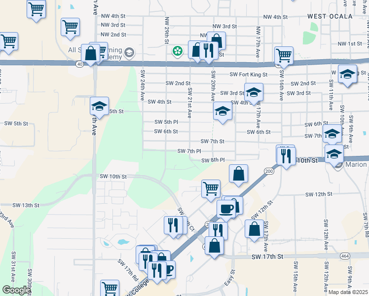 map of restaurants, bars, coffee shops, grocery stores, and more near 2105 Southwest 7th Place in Ocala