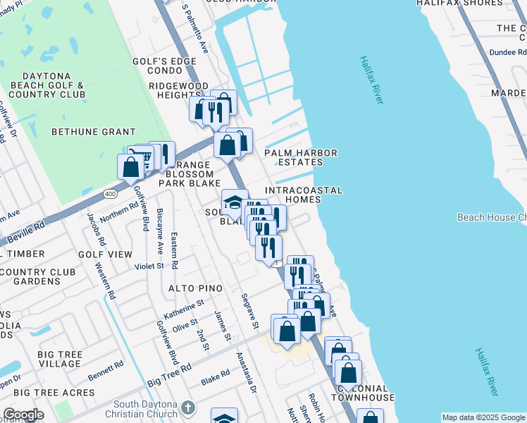 map of restaurants, bars, coffee shops, grocery stores, and more near 1745 South Ridgewood Avenue in South Daytona