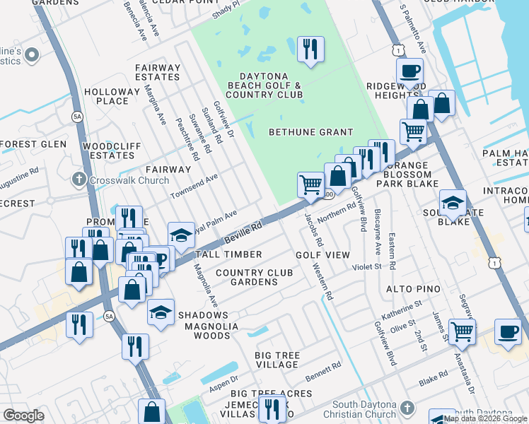 map of restaurants, bars, coffee shops, grocery stores, and more near 1508 Manor Drive in Daytona Beach