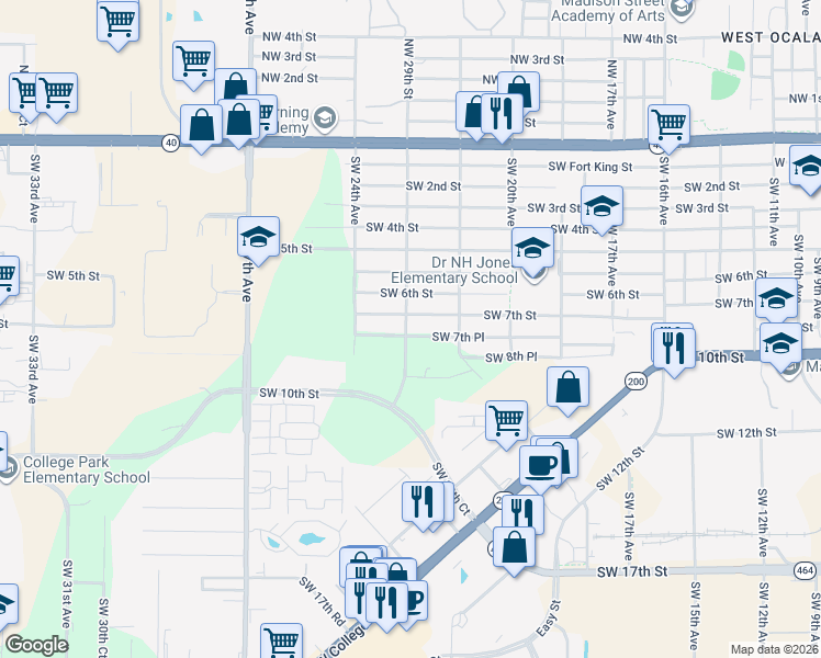 map of restaurants, bars, coffee shops, grocery stores, and more near 711 Southwest 23rd Avenue in Ocala