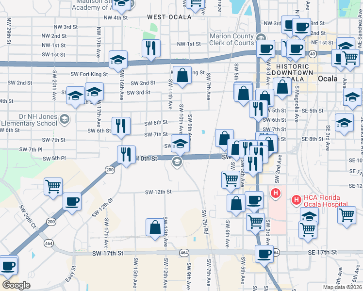 map of restaurants, bars, coffee shops, grocery stores, and more near 1005 Southwest 10th Street in Ocala