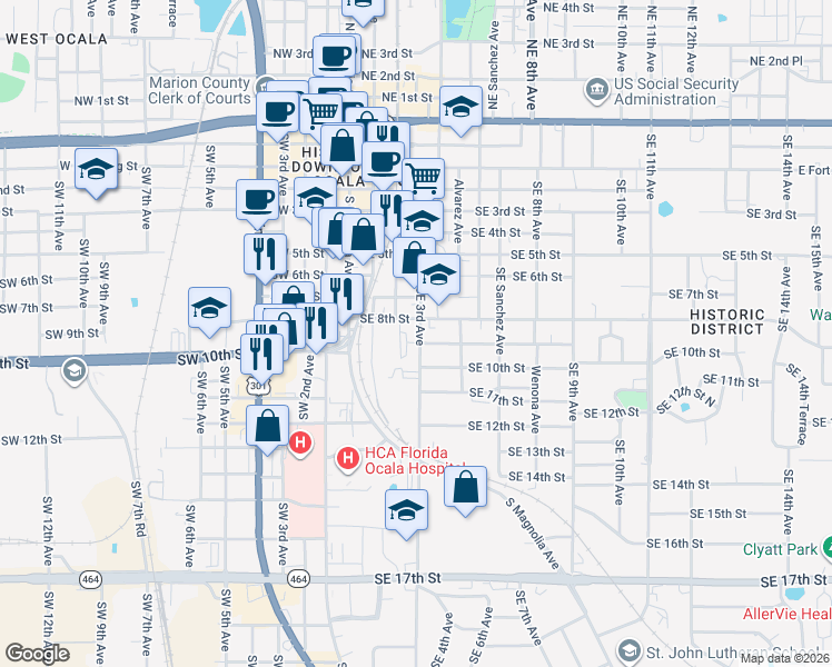 map of restaurants, bars, coffee shops, grocery stores, and more near 907 Southeast 3rd Avenue in Ocala