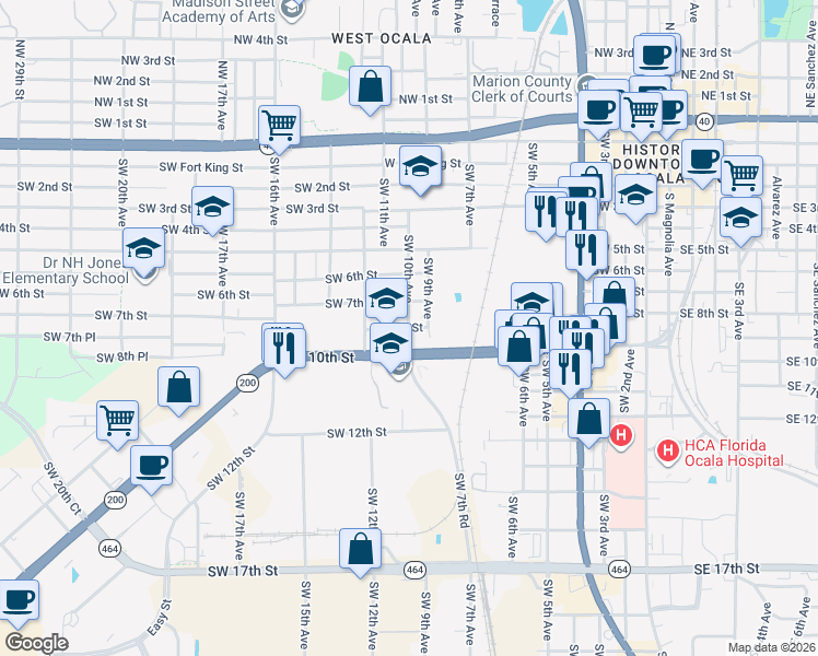 map of restaurants, bars, coffee shops, grocery stores, and more near 1005 Southwest 10th Street in Ocala