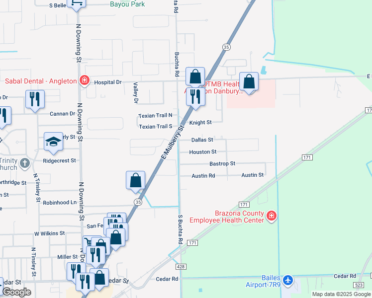 map of restaurants, bars, coffee shops, grocery stores, and more near 104 Houston Street in Angleton