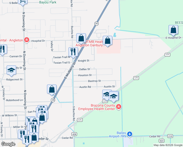 map of restaurants, bars, coffee shops, grocery stores, and more near 156 Houston Street in Angleton