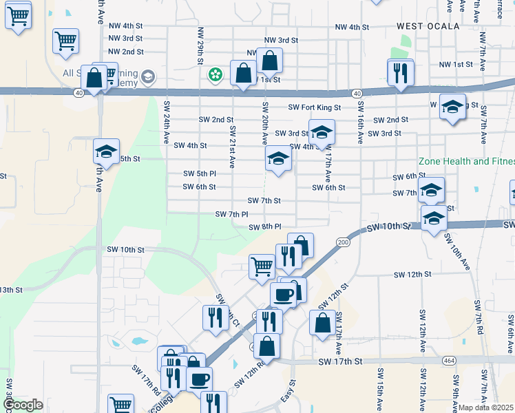 map of restaurants, bars, coffee shops, grocery stores, and more near 2060 Southwest 7th Place in Ocala