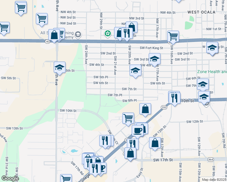 map of restaurants, bars, coffee shops, grocery stores, and more near 2105 Southwest 7th Place in Ocala