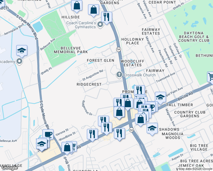 map of restaurants, bars, coffee shops, grocery stores, and more near 1301 Oakwood Avenue in Daytona Beach