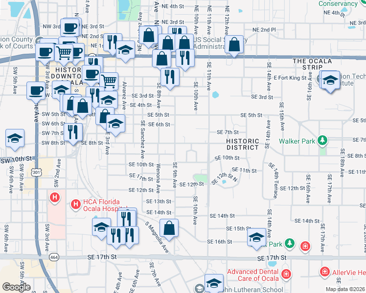 map of restaurants, bars, coffee shops, grocery stores, and more near 909 Southeast 9th Avenue in Ocala
