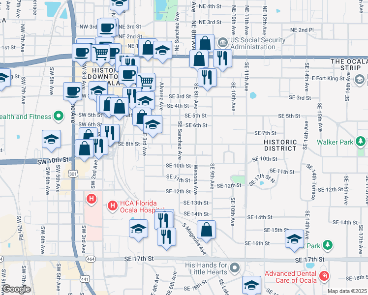 map of restaurants, bars, coffee shops, grocery stores, and more near 825 Southeast Sanchez Avenue in Ocala