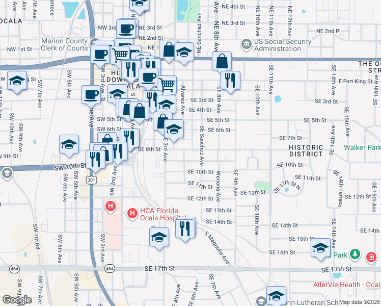 map of restaurants, bars, coffee shops, grocery stores, and more near 505 Southeast 9th Street in Ocala