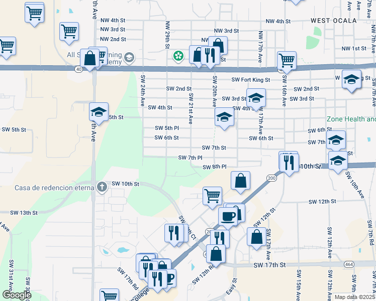 map of restaurants, bars, coffee shops, grocery stores, and more near 2105 Southwest 7th Place in Ocala