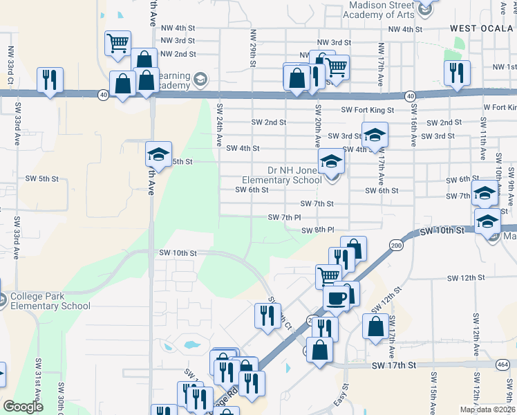 map of restaurants, bars, coffee shops, grocery stores, and more near 2320 Southwest 7th Place in Ocala
