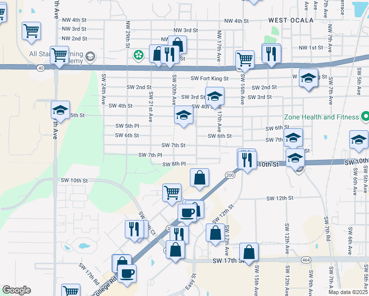 map of restaurants, bars, coffee shops, grocery stores, and more near 1920 Southwest 7th Street in Ocala