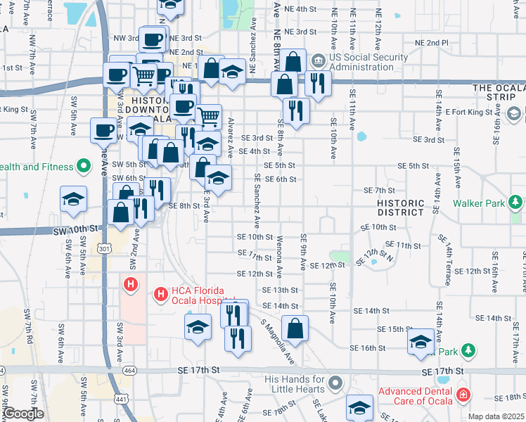 map of restaurants, bars, coffee shops, grocery stores, and more near 825 Southeast Sanchez Avenue in Ocala