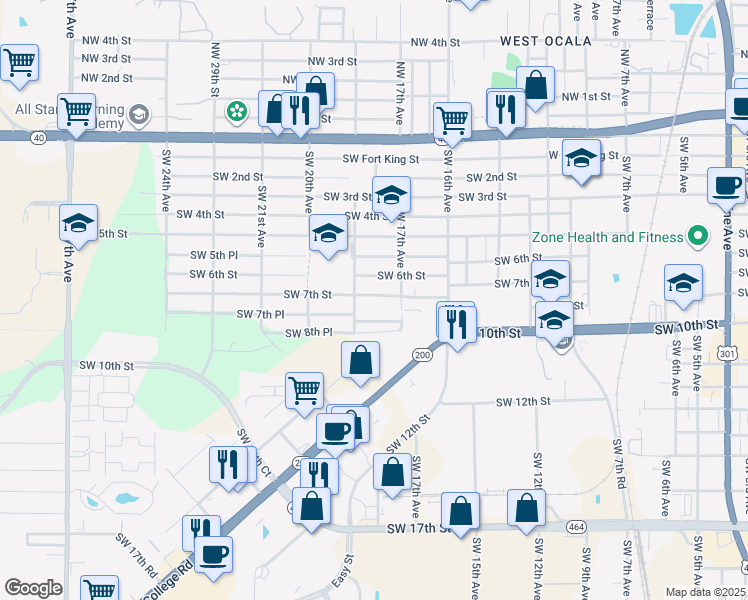 map of restaurants, bars, coffee shops, grocery stores, and more near 1804 Southwest 7th Street in Ocala