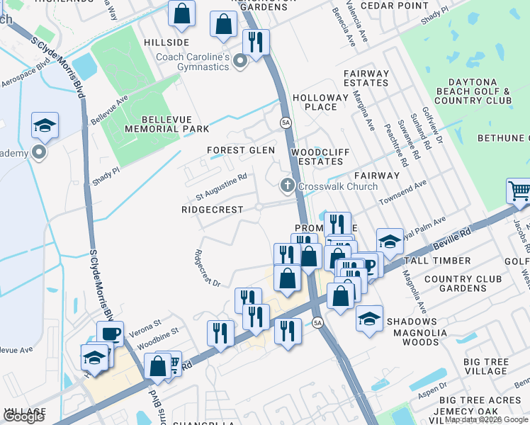 map of restaurants, bars, coffee shops, grocery stores, and more near 1301 Oakwood Avenue in Daytona Beach