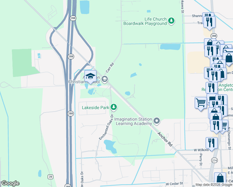 map of restaurants, bars, coffee shops, grocery stores, and more near 744 Anchor Road in Angleton