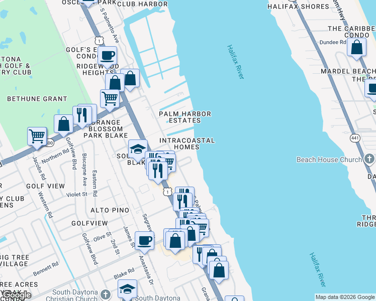 map of restaurants, bars, coffee shops, grocery stores, and more near 147 Tradewinds Circle in South Daytona