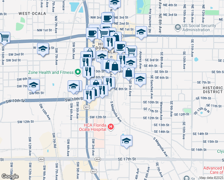 map of restaurants, bars, coffee shops, grocery stores, and more near 805 Southeast Magnolia Exd in Ocala