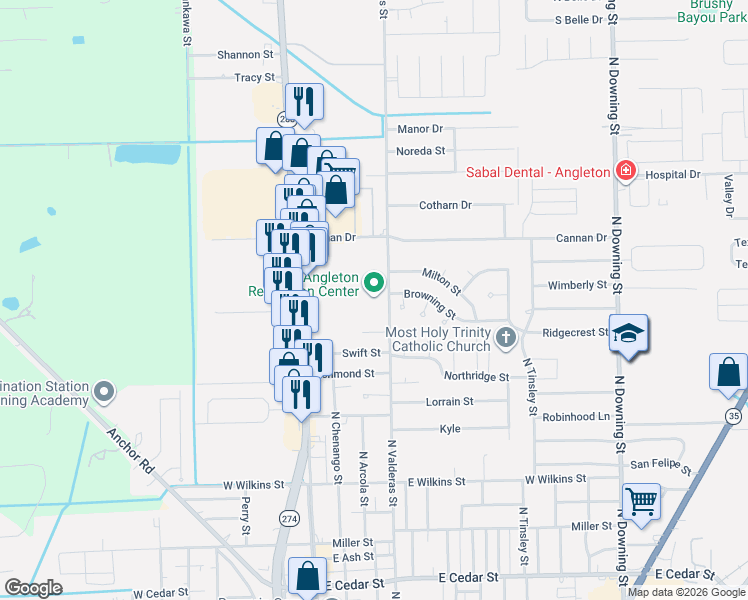 map of restaurants, bars, coffee shops, grocery stores, and more near 1601 North Valderas Street in Angleton