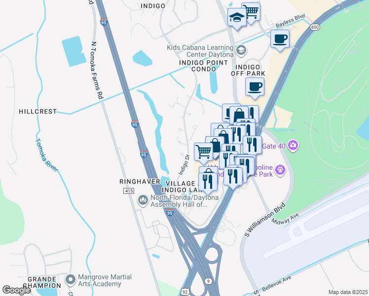 map of restaurants, bars, coffee shops, grocery stores, and more near 100 Fox Fire Circle in Daytona Beach