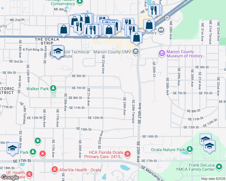 map of restaurants, bars, coffee shops, grocery stores, and more near 2245 Southeast 7th Street in Ocala