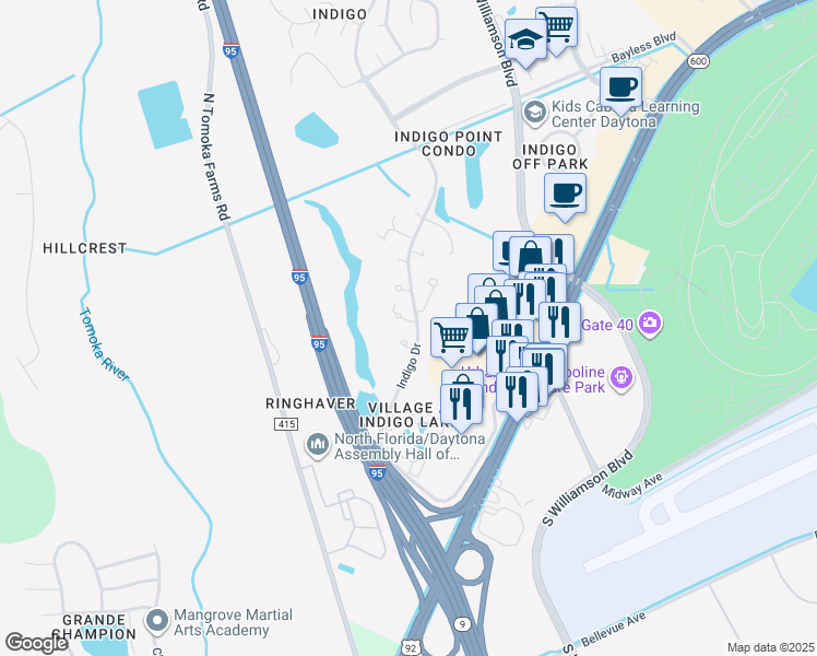 map of restaurants, bars, coffee shops, grocery stores, and more near 100 Fox Fire Circle in Daytona Beach