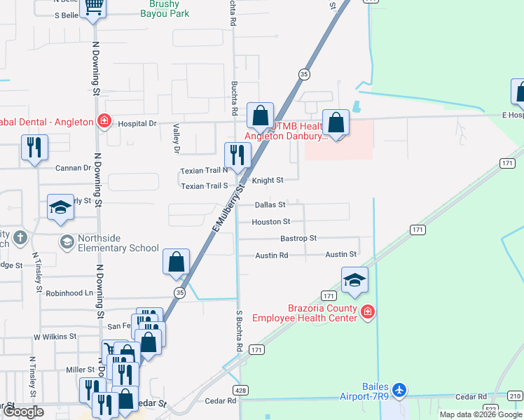 map of restaurants, bars, coffee shops, grocery stores, and more near 129 Dallas Street in Angleton