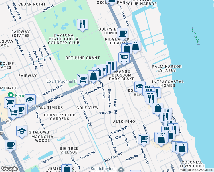 map of restaurants, bars, coffee shops, grocery stores, and more near 534 Northern Road in South Daytona
