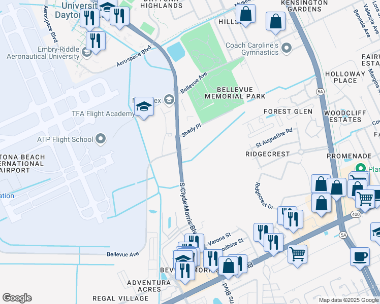 map of restaurants, bars, coffee shops, grocery stores, and more near 925 South Clyde Morris Boulevard in Daytona Beach